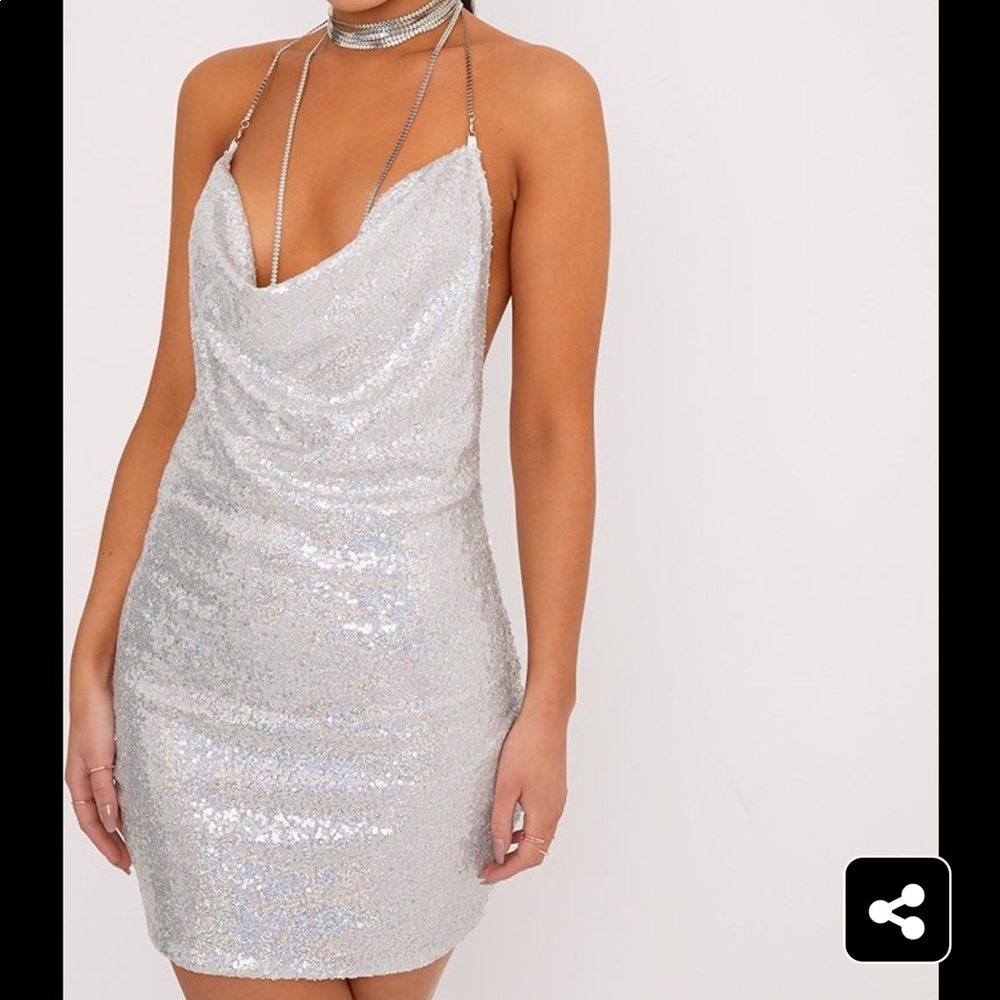Silver Sequin Chain Choker Mini Dress